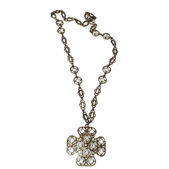 70s Cross Pendant Faceted Stone Metal Framework Ornate Interconnected Chain link - Picture 1 of 8